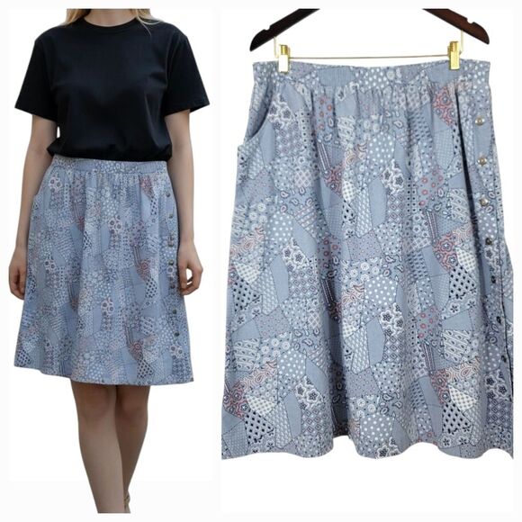 Vintage 80s Sailmates Paisley Button Down A-line Below the Knee Blue Skirt Sz XL - Picture 1 of 9